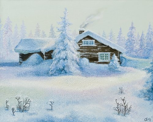 Заснеженный домик в лесу акварель