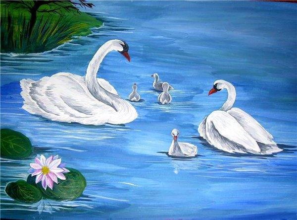 Рисуем лебедей на озере