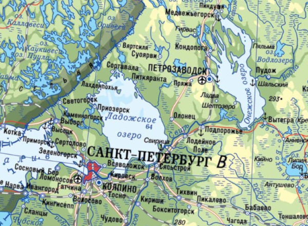 Ладожское и Онежское озеро на карте
