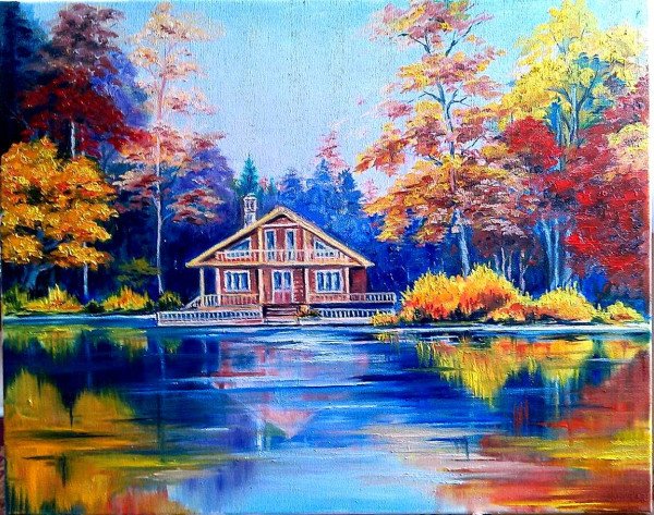 Домик у озера маслом