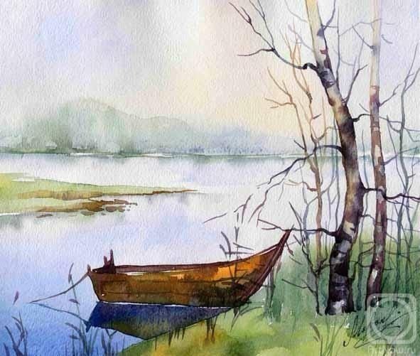 Пейзаж с лодкой акварель