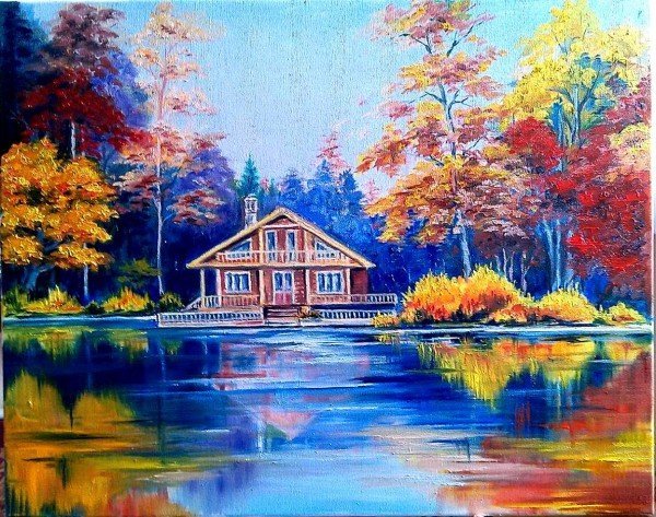 Домик у озера маслом