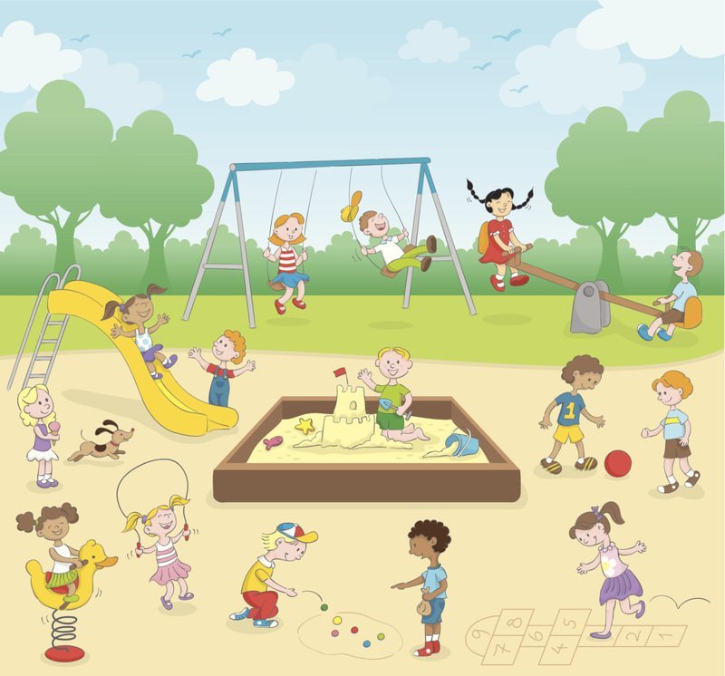 The child are running to the playground. Дети на площадке. Детская площадка иллюстрация. Дети играющие на площадке. Дети летом на площадке.