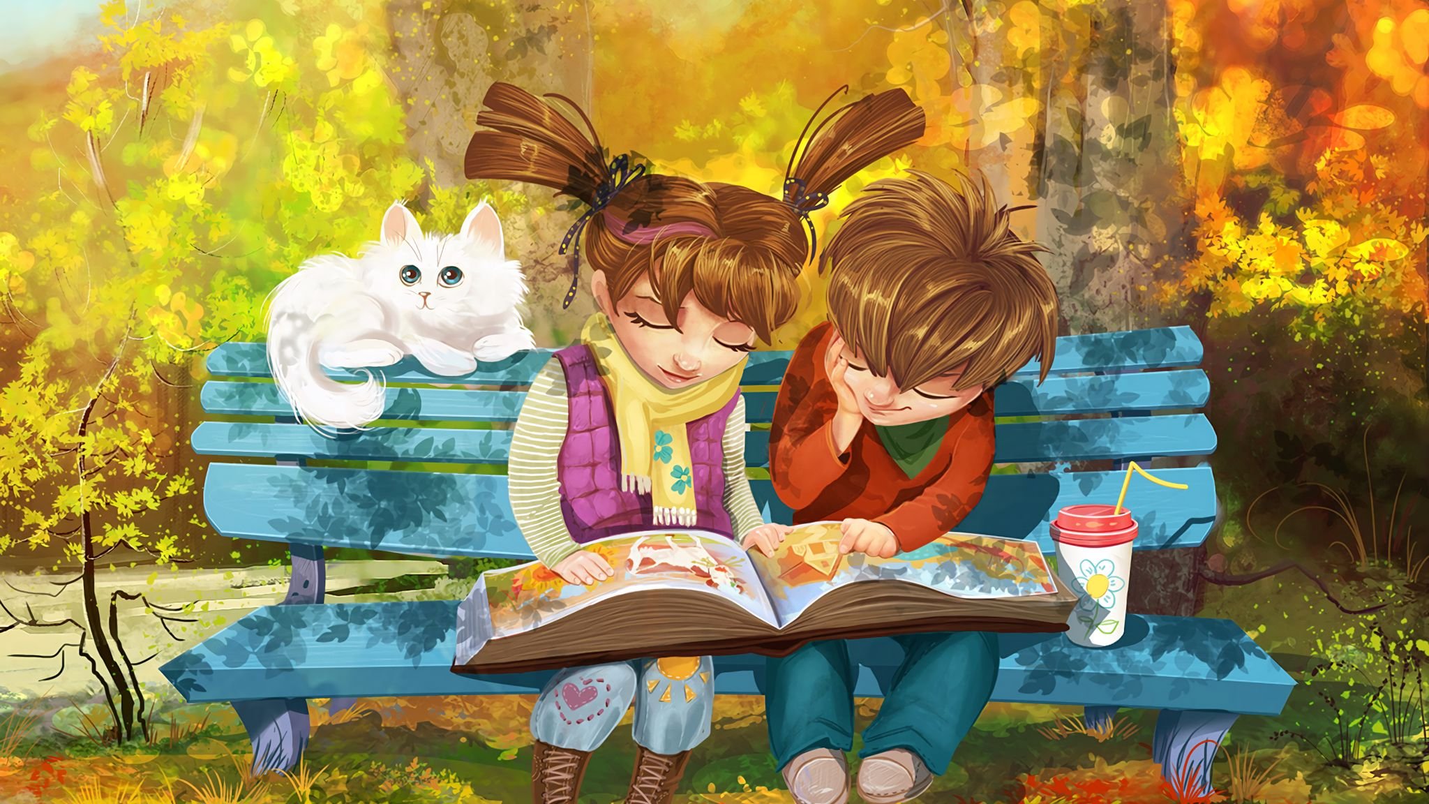 Мы видим ребят. Иллюстрации к книгам. Пойман за чтением. Мальчик с девочкой на скамейке. Дети с книжкой на скамейке.
