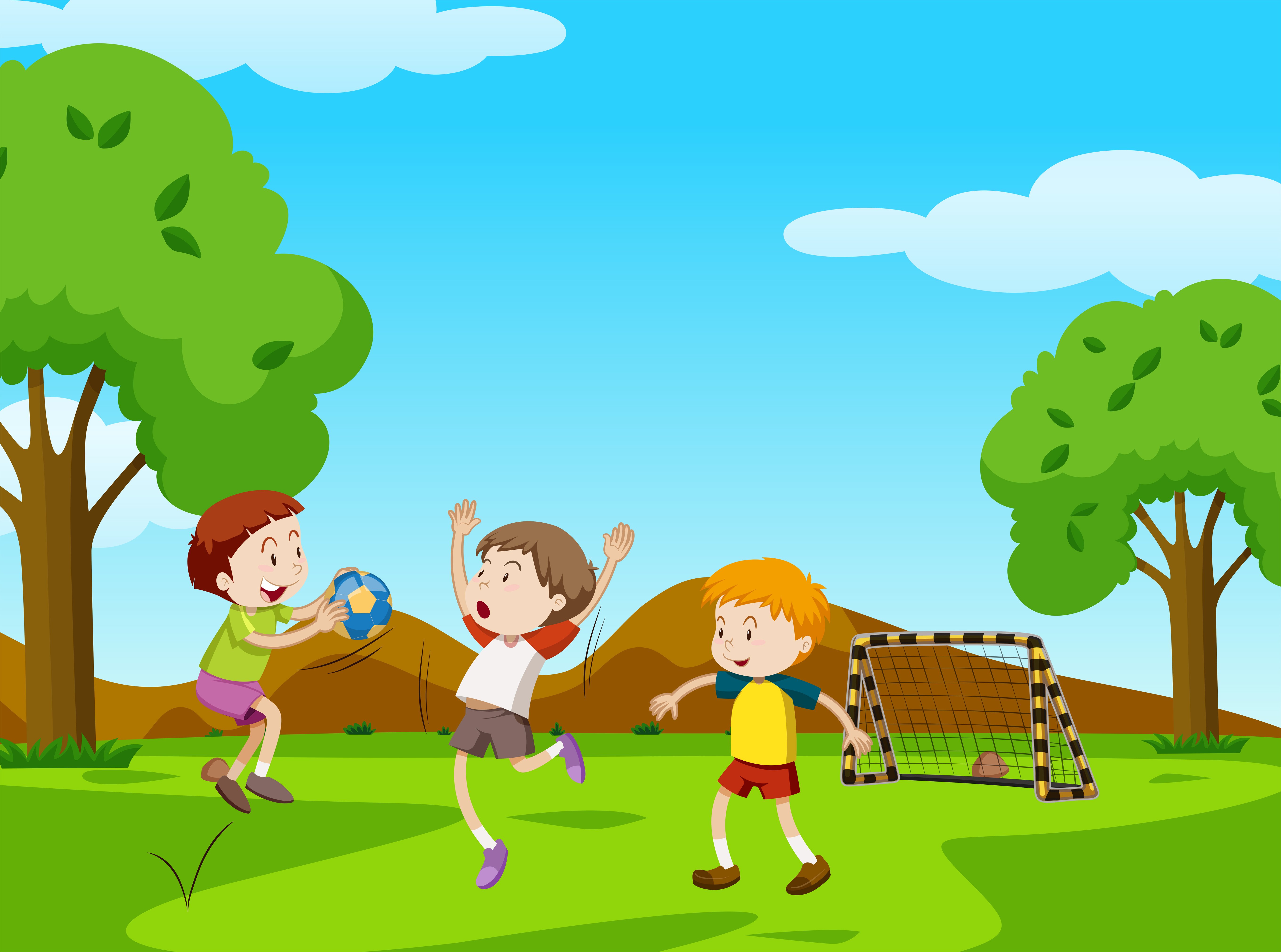 Играют в футбол в парке. Дети гуляют. Дети играют в мяч. Прогулка картинки для детей. Изображение детей, играющих на улице.