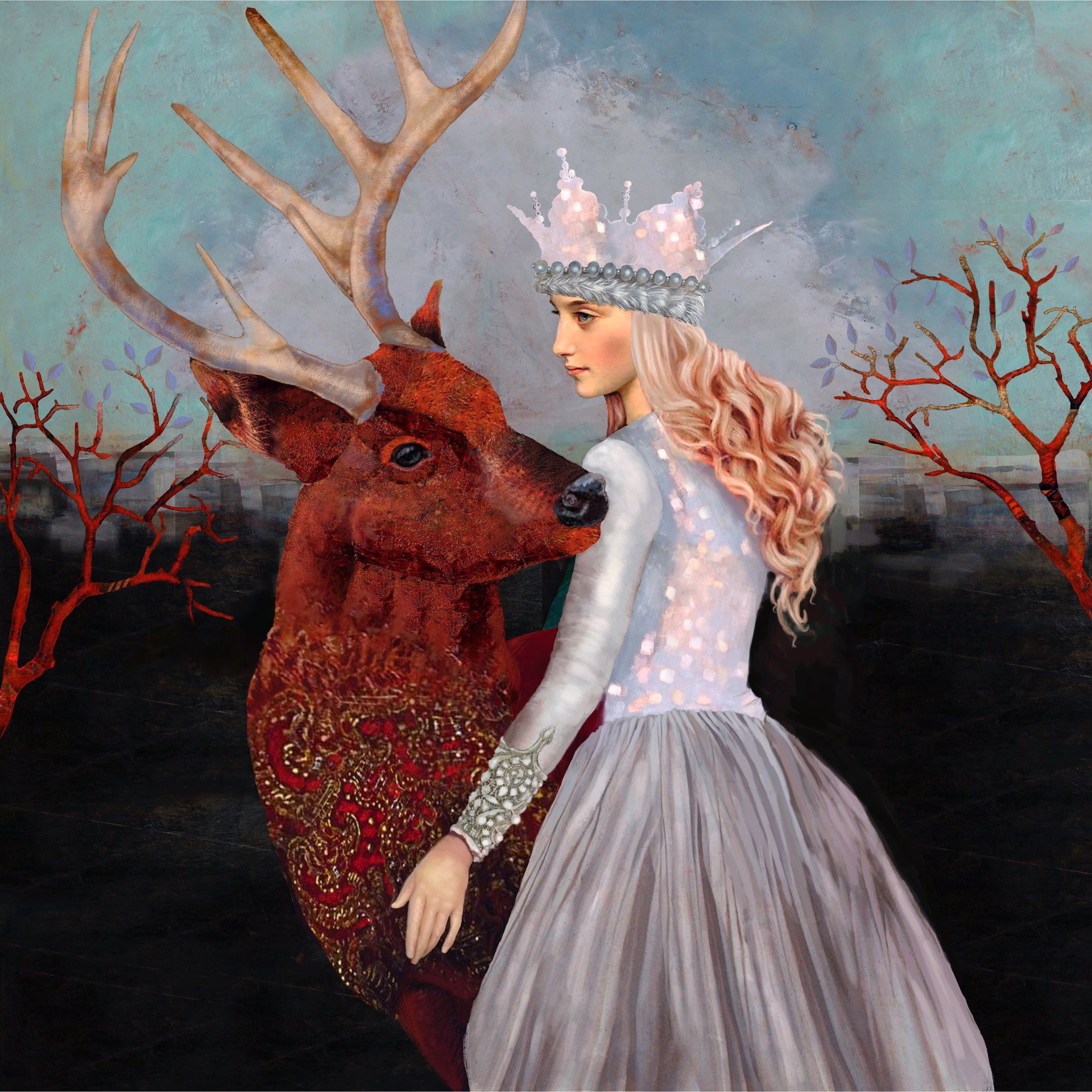 Снежная королева на олене. Картина девушка с оленем. Царь-олень. Картина олени.
