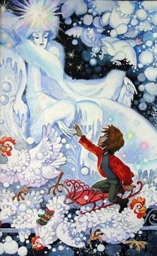 Снежная Королева и Кай на санках