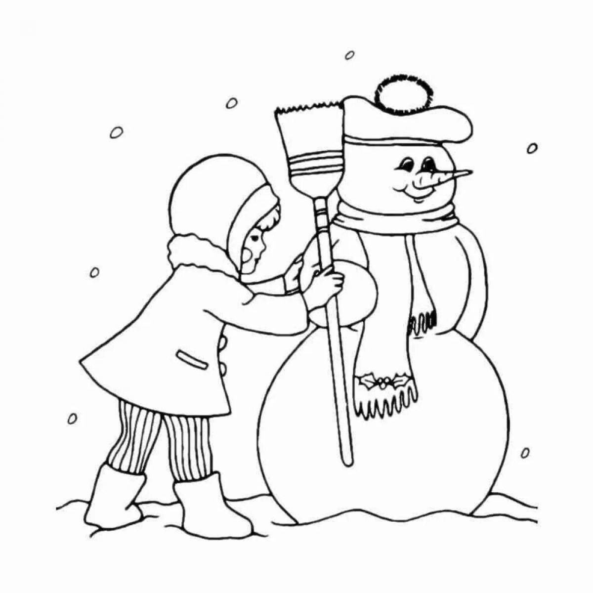 Креативные снеговики. Рисование отпечатками канцелярской линейки