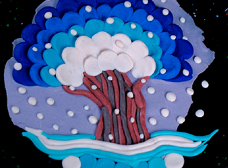 Зима пластилином на картоне