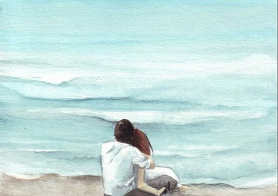 Пара на берегу моря акварель