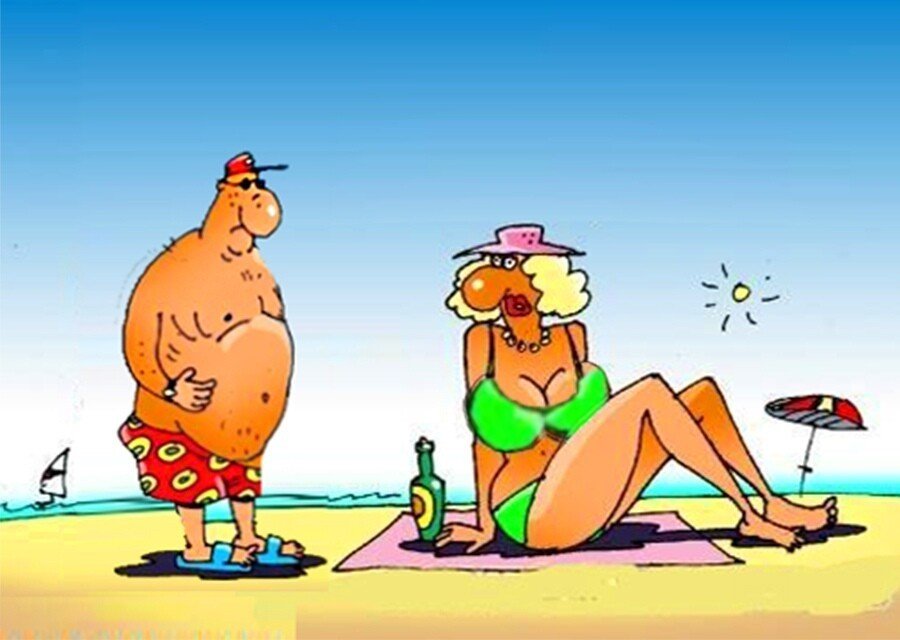 Жену на пляже муж смотрит. Карикатуры на пляже. Карикатура муж с женой на пляже. Загорают карикатура. Муж пляж карикатура.