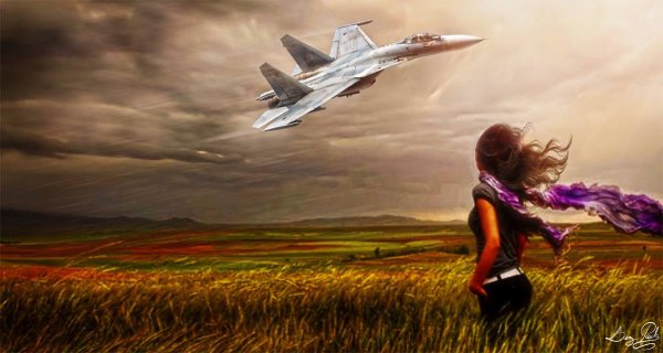 Девушка провожает самолет в небе