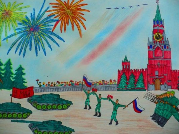 «Праздничный салют над городом» (восковые мелки + акварель)