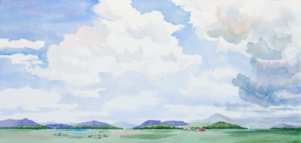 Пейзаж с облаками акварелью
