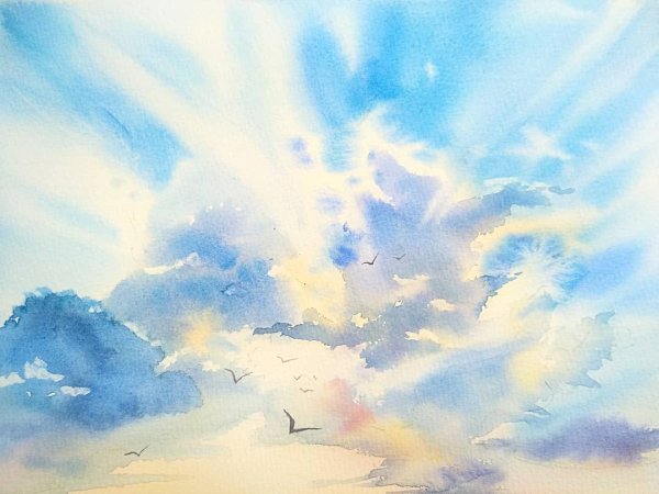 Солнечное небо акварелью