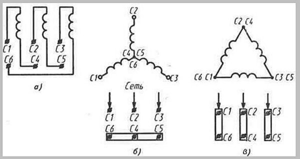 Схемы включения 3х фазных электродвигателей