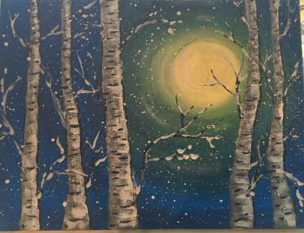 Берёза ночью живопись