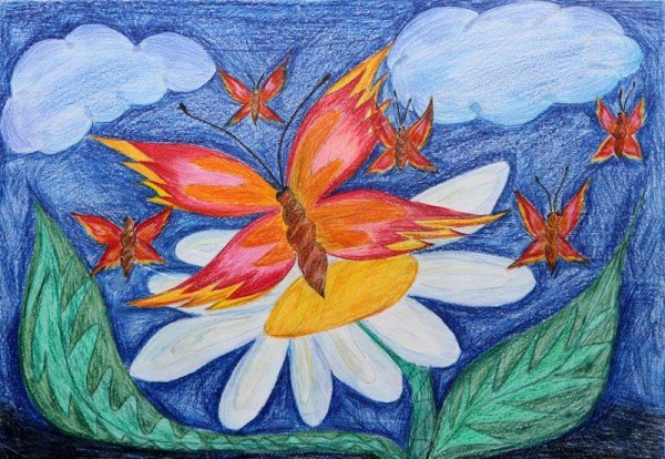 Летний пейзаж цветными карандашами