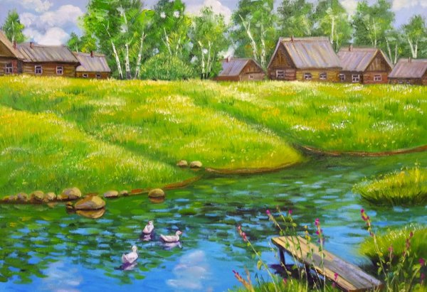 Деревенский пейзаж с речкой