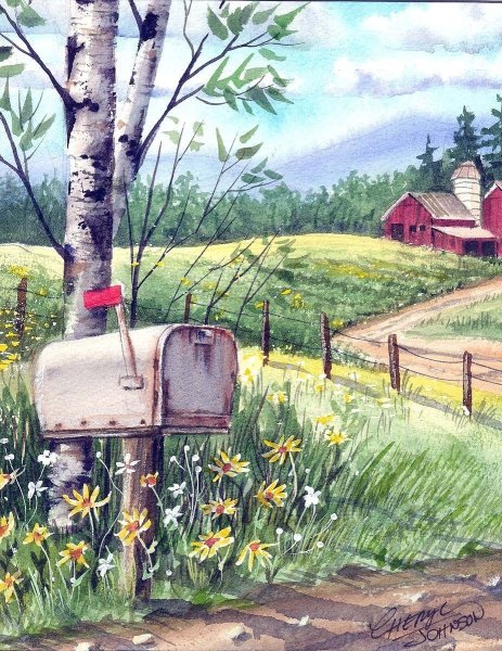 Деревенский пейзаж акварелью