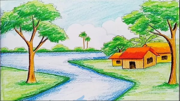 Пейзаж цветными карандашами для детей