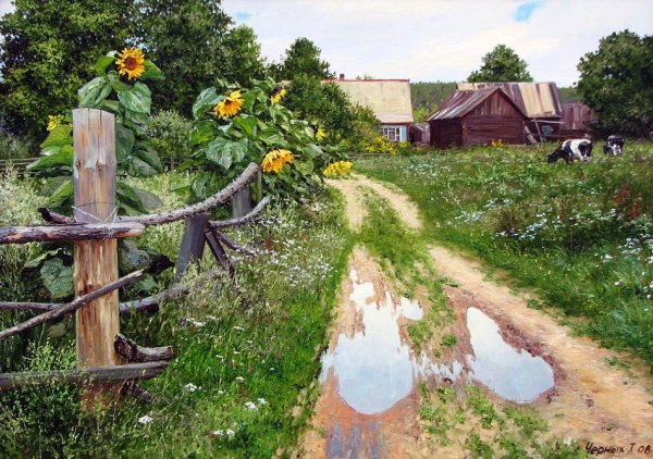 Рассвет в деревне летом