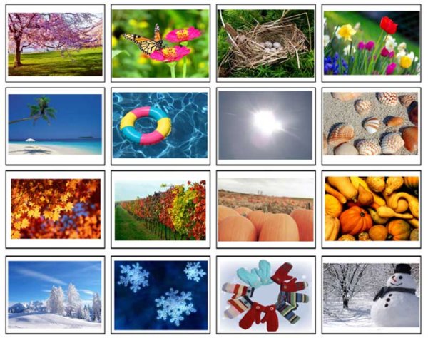 Карточки с явлениями природы по временам года