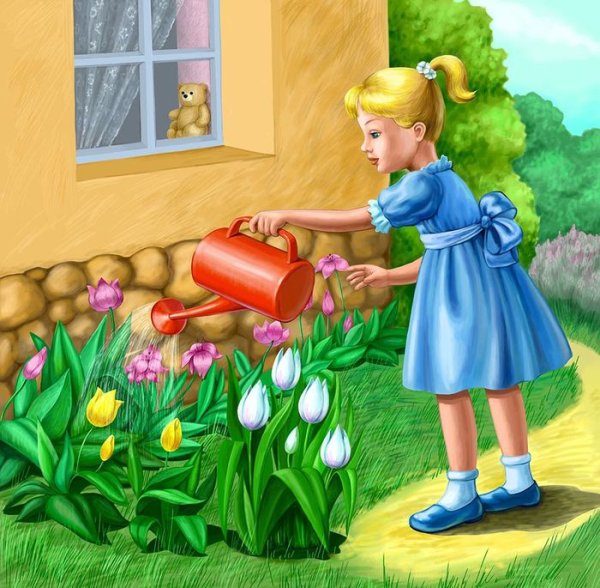 Дети поливают цветы в саду