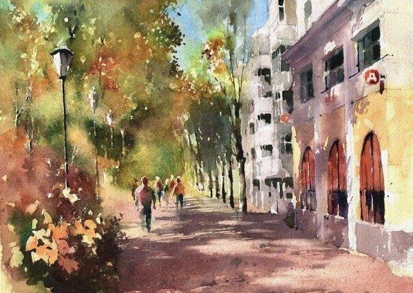 Пейзаж города акварелью