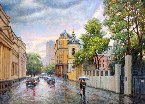Городские пейзажи маслом дождь художник Разживин Игорь
