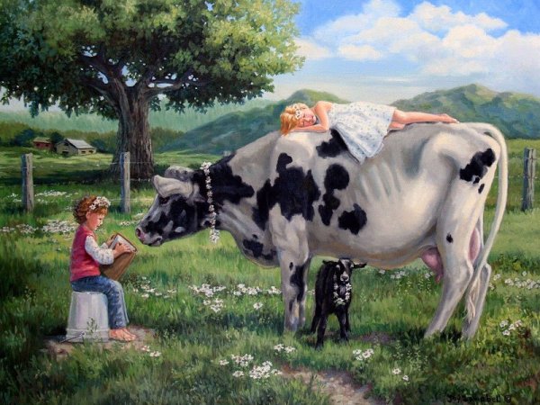 Деревенский пейзаж с коровами