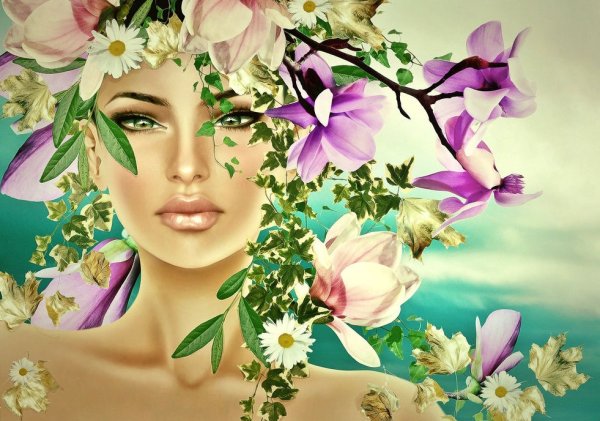 Девушка в цветах со спины