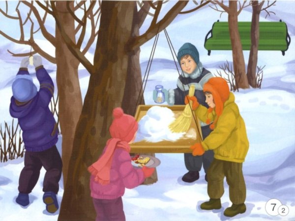 Сюжетная картина кормушки для птиц зимой