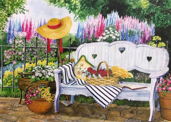 Лавочка в саду живопись