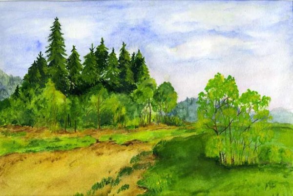 Летний пейзаж цветными карандашами