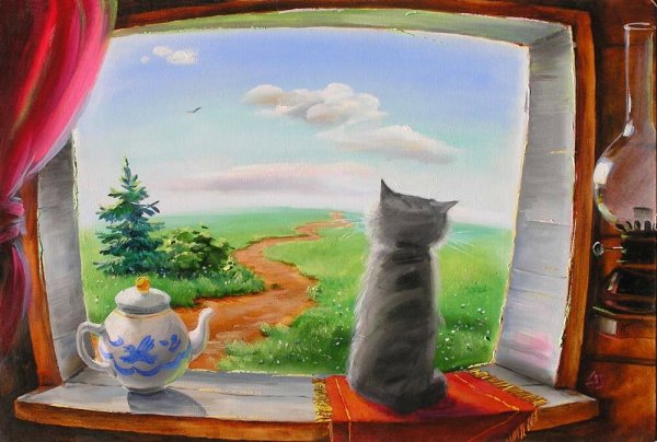 Кот на подоконнике иллюстрация