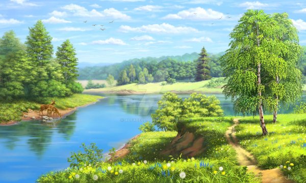 Сказочный лес с речкой