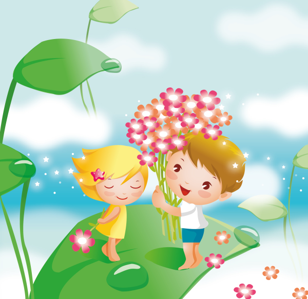 Мальчик и девочка с растениями мультяшные