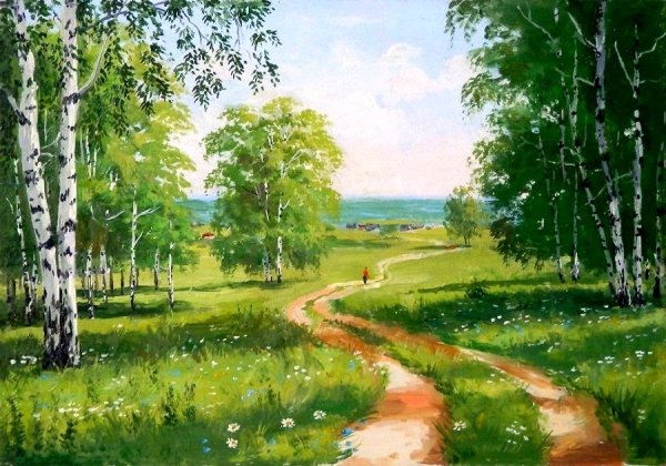 Речка пейзаж гуашью