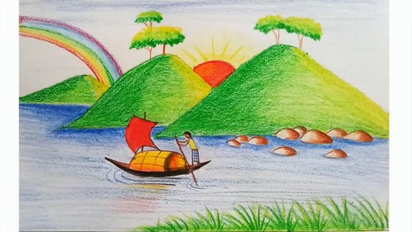 Пейзаж цветными карандашами для детей