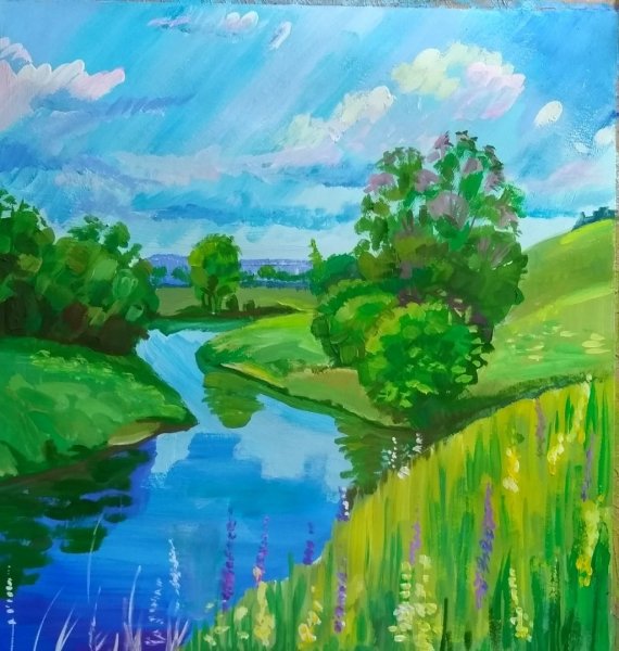 Сельский пейзаж цветными карандашами