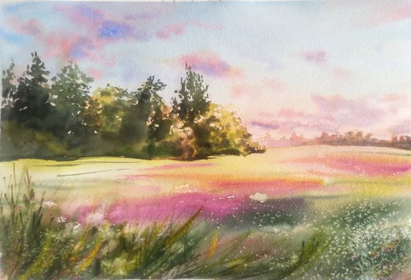 Пейзаж акварелью лето