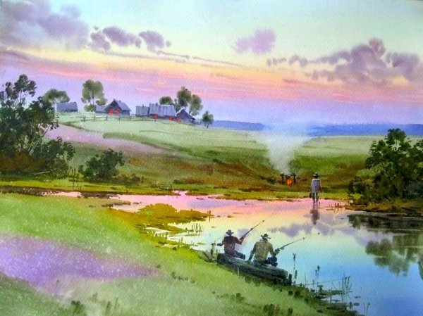 Летний пейзаж акварелью