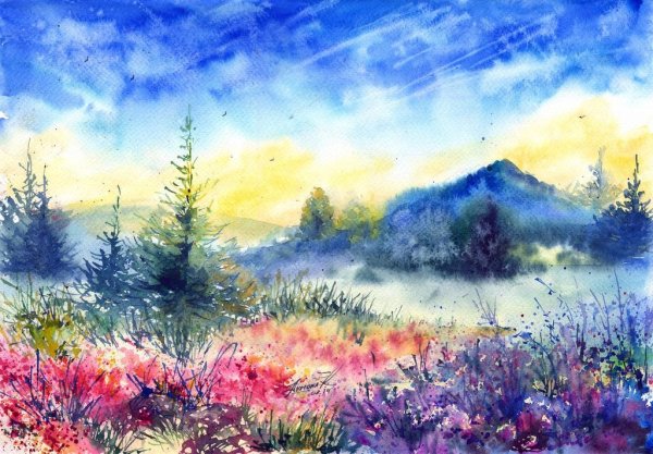 Пейзаж акварелью лето