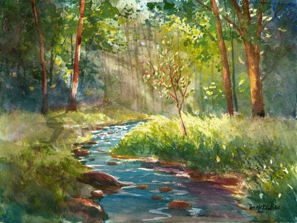 Деревенский пейзаж акварелью