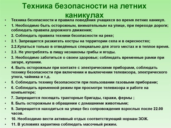 Памятка техника безопасности в летние каникулы