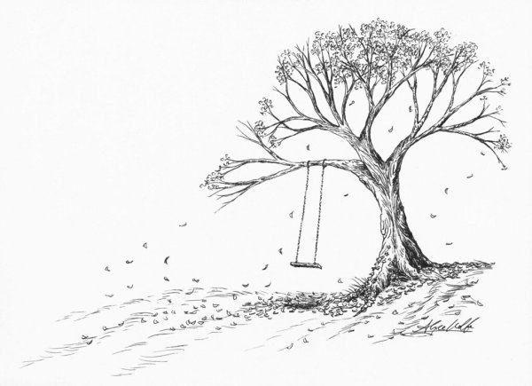 Нарисовать качели на дереве