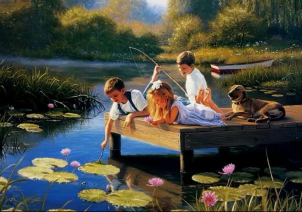 Мальчик и девочка на рыбалке живопись
