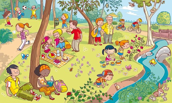 Лето дети купаются и загорают