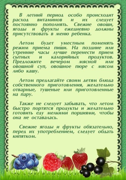 Консультация для родителей питание ребенка летом